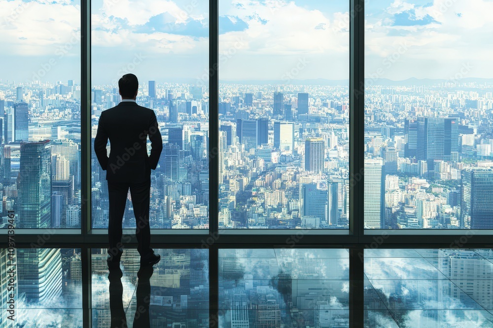 Businessman looking out at city skyline. Businessman looking out at city skyline.