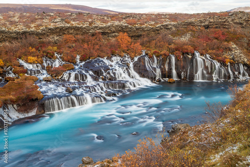 Barnafoss and Hraunfossar in autumn in Iceland