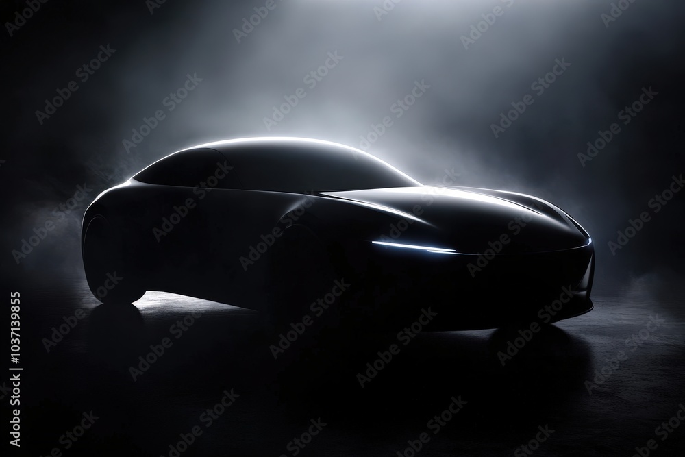 Silhouette of a sleek, modern car in a dark setting. Silhouette of a sleek, modern car in a dark setting.