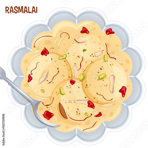 Ras Malai Bowl with Almonds, Pistachio, Saffron & Rose Petals Garnish - Top View Indian Dessert Vector Art