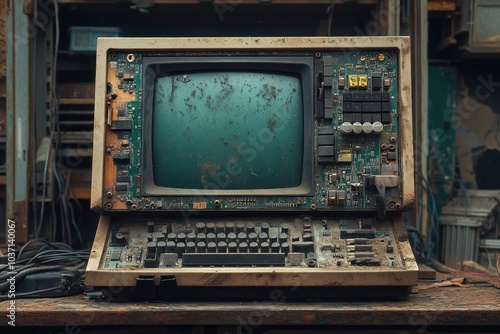 An old, dusty computer showcasing vintage technology in a neglected setting.