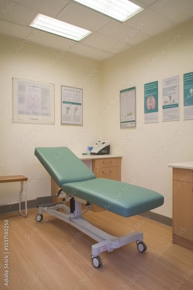 A medical examination room with an adjustable examination table and informational posters. A medical examination room with an adjustable examination table and informational posters.