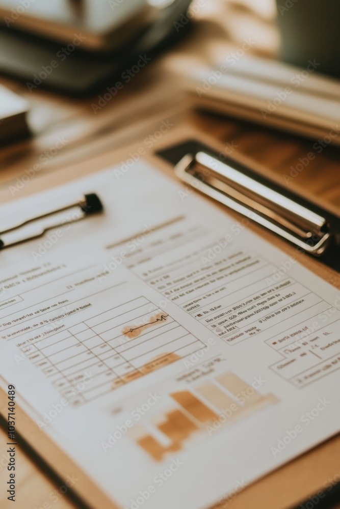 A clipboard with a report featuring charts and data analysis. A clipboard with a report featuring charts and data analysis.
