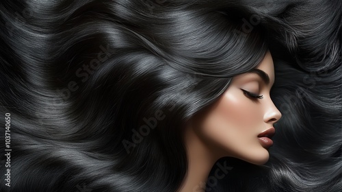 Woman with Long Black Wavy Hair Beauty Fashion Style Haircare