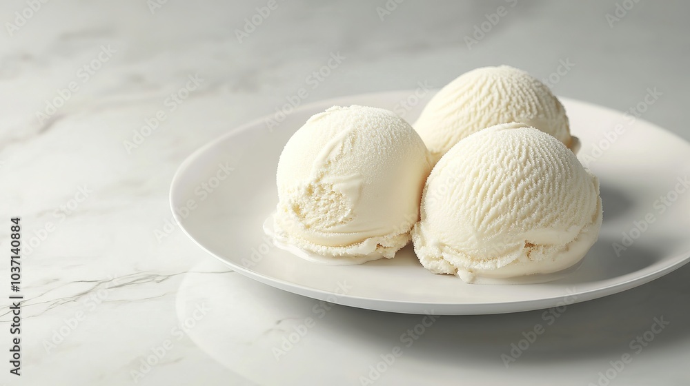 Vanilla ice cream on a white plate. Realistic ice cream promo template Vanilla ice cream on a white plate. Realistic ice cream promo template