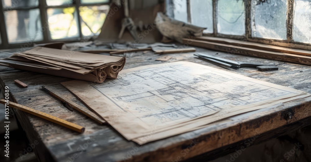 Architectural Blueprints. AI generated illustration.