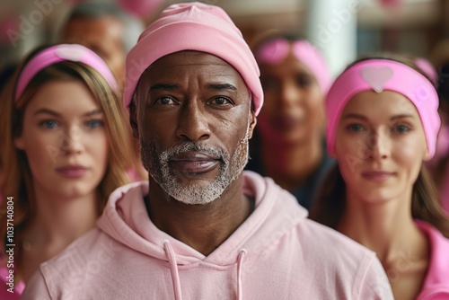 Pink-clad Breast Cancer Advocates Group Portrait with Male Supporter