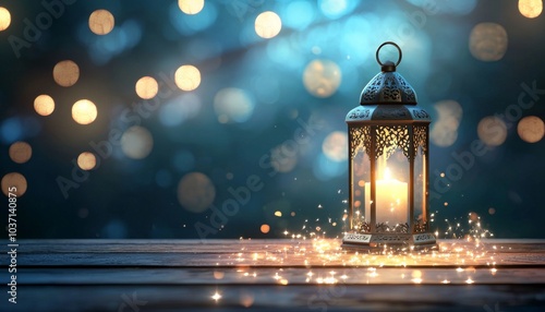 A beautifully lit lantern surrounded by sparkling bokeh lights, creating a warm and enchanting atmosphere.