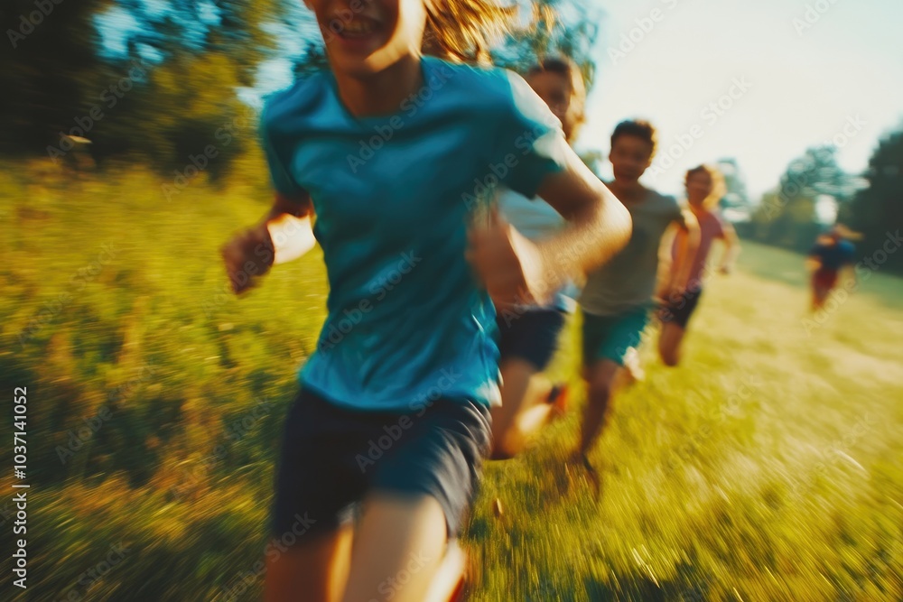 Fototapeta premium Teens Running Together on a Scenic Field