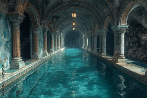 Mystical indoor pool with serene turquoise water  surrounded by ornate arches and soft ambient lighting.