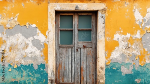 Old Weathered Wooden Door on Peeling Yellow Wall with Blue Accents