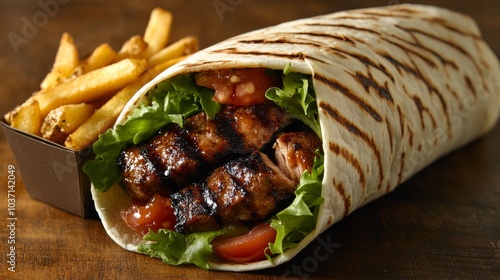 A grilled beef wrap filled with lettuce, tomatoes, and onions, served with a side of fries on a wooden table. photo