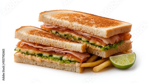 Close-up of a fresh cucumber sandwich with lettuce and wholegrain bread, with ingredients like tomatoes and basil in the background..