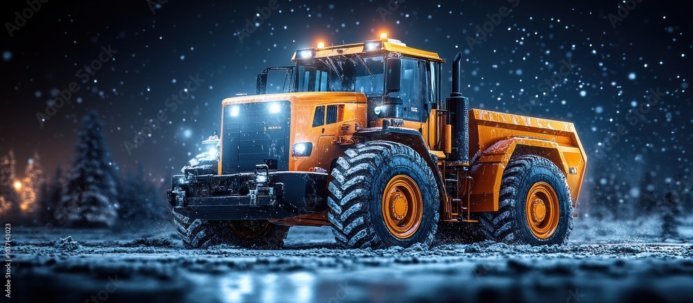 An orange heavy-duty vehicle in a snowy landscape, designed for industrial purposes. An orange heavy-duty vehicle in a snowy landscape, designed for industrial purposes.