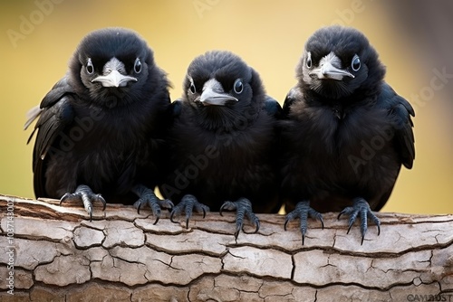 Three young ravens sit close together on a log their glossy feathers glinting in the soft light of dawn as they observe their surroundings photo