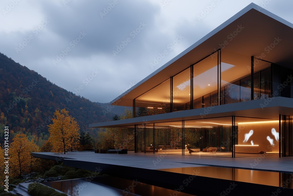 A sleek, contemporary house stands amidst hills, embellished with vapor-like ghost forms, captured under a serene autumn sky, perfect scene of modern style. A sleek, contemporary house stands amidst hills, embellished with vapor-like ghost forms, captured under a serene autumn sky, perfect scene of modern style.