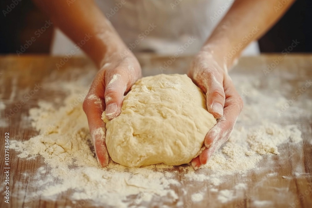 Close-up shot of baker's hands working dough process Close-up shot of baker's hands working dough process