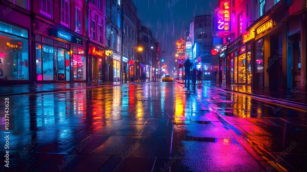 70. A vibrant city street at night, with neon lights reflecting off the wet pavement 70. A vibrant city street at night, with neon lights reflecting off the wet pavement