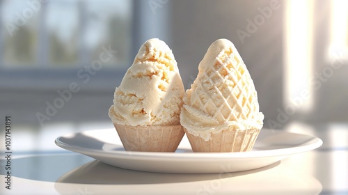 Vanilla ice cream on a white plate. Realistic ice cream promo template  photo