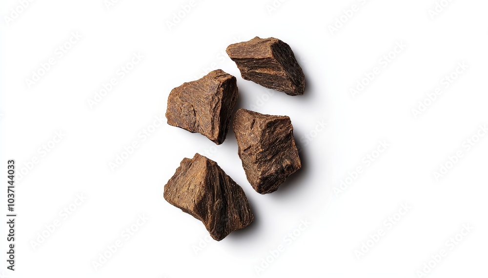 Dark chocolate pieces scattered on a white background, showcasing a rich texture and appealing surface detail. Dark chocolate pieces scattered on a white background, showcasing a rich texture and appealing surface detail.