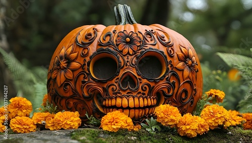 Intricately Carved Pumpkin Adorned with Fresh Flowers.
