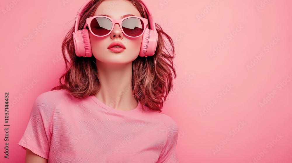 Stylish Woman in Pink Headphones and Sunglasses Against a Pink Background Stylish Woman in Pink Headphones and Sunglasses Against a Pink Background
