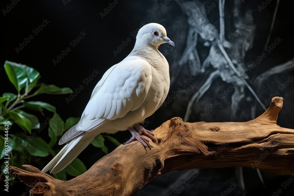 A white dove sits calmly on a branch showcasing its elegance against the backdrop of greenery in a tranquil indoor space A white dove sits calmly on a branch showcasing its elegance against the backdrop of greenery in a tranquil indoor space