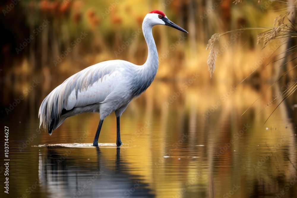 Naklejka premium A beautiful crane stands in tranquil waters reflecting the warm hues of autumn leaves as soft sunlight filters through enhancing its elegance and serenity