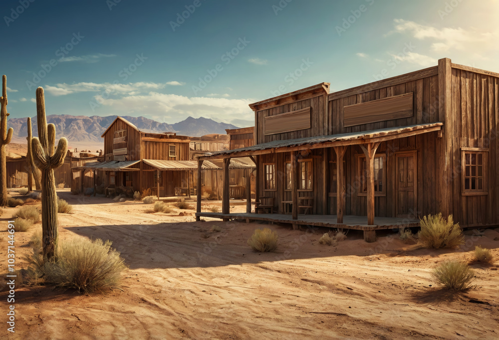 Western era. Wooden building on the street. Generative AI