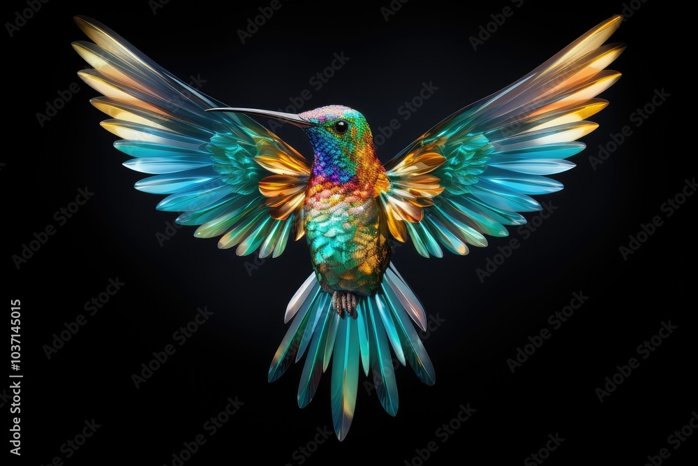 Fototapeta premium A stunning hummingbird hovers gracefully its vibrant feathers shimmering against a dark backdrop showcasing its beauty and agility