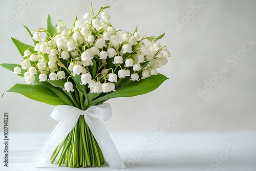 Elegant Lily of the Valley Bouquet with White Ribbon,A graceful bouquet of delicate lily of the valley flowers, elegantly tied with a white ribbon
