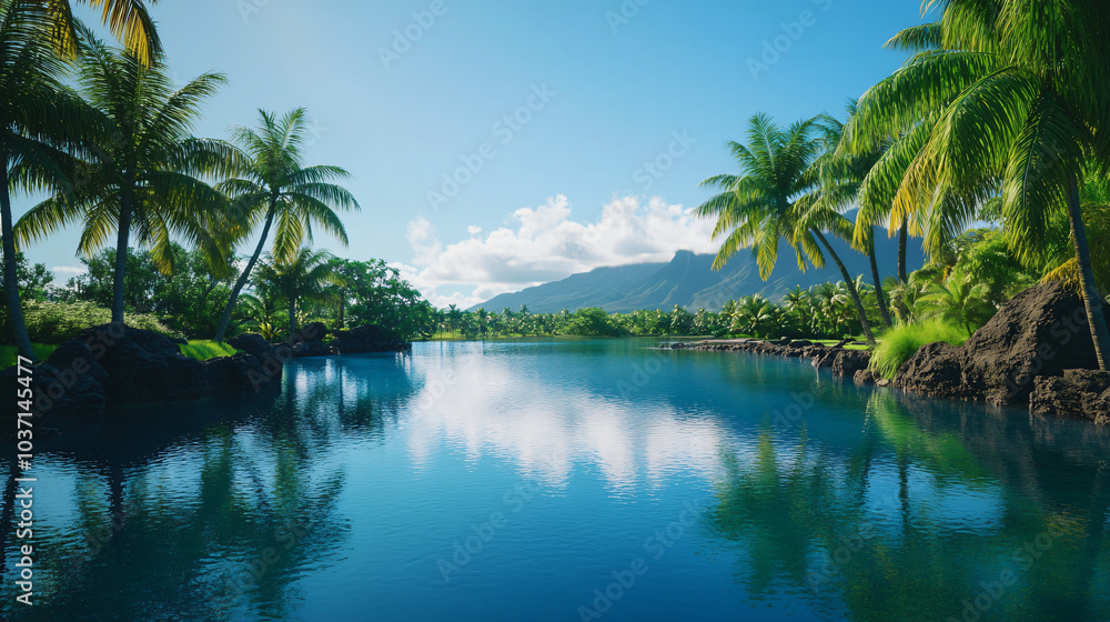 A serene lagoon surrounded by palm trees, perfect for relaxation and tranquility. A serene lagoon surrounded by palm trees, perfect for relaxation and tranquility.