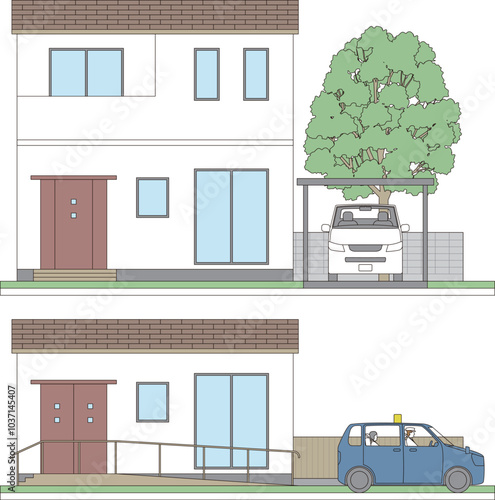 二階建てと平屋の住宅と自家用車。減築リフォームのイメージイラスト