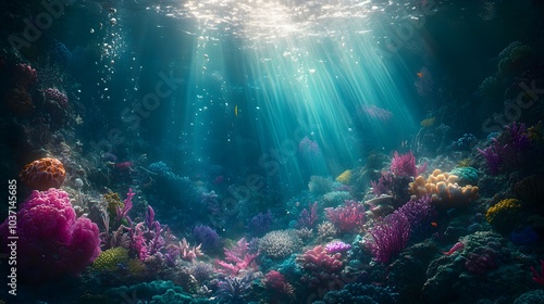 78. A vibrant coral reef teeming with life, with rays of sunlight filtering down through the water