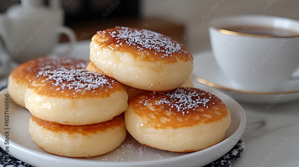 A stack of fluffy, golden brown pancakes dusted with powdered sugar on a white plate, a cup of tea in the background. A stack of fluffy, golden brown pancakes dusted with powdered sugar on a white plate, a cup of tea in the background.