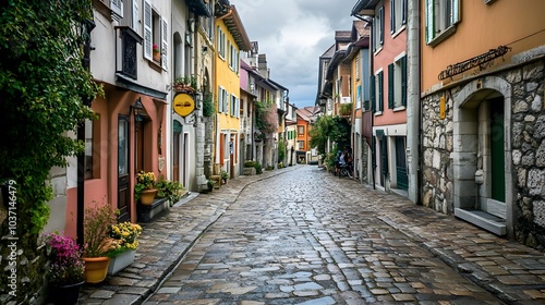 Fototapeta Naklejka Na Ścianę i Meble -  82. A charming old town with cobblestone streets, quaint shops, and colorful buildings