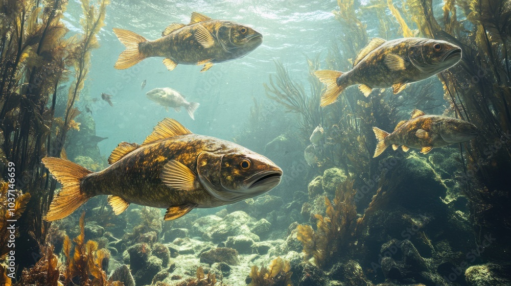 A school of early fish species swimming through ancient seas, surrounded by marine plants. A school of early fish species swimming through ancient seas, surrounded by marine plants.