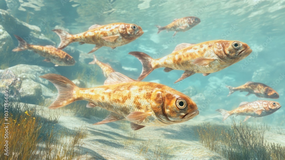 Naklejka premium A school of early fish with primitive fins swimming through the clear waters of an ancient sea.