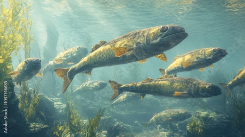 A school of early fish with primitive fins swimming through the clear waters of an ancient sea.