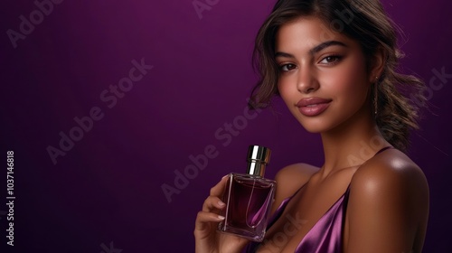 portrait, beautiful young woman holding a glass perfume bottle in her hands on a purple background, concept on a perfume theme, copy space