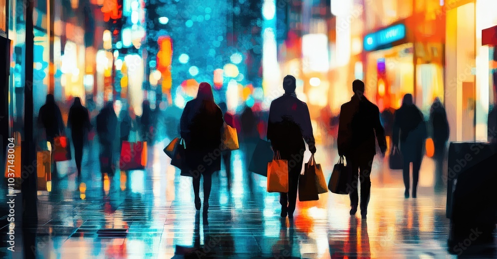 Bustling Midnight Shopping Scene. AI generated illustration. Bustling Midnight Shopping Scene. AI generated illustration.