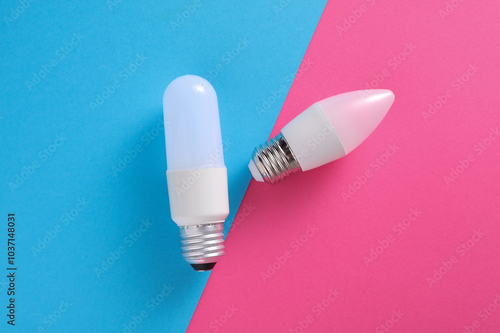 LED light bulbs of different shapes on blue pink background LED light bulbs of different shapes on blue pink background