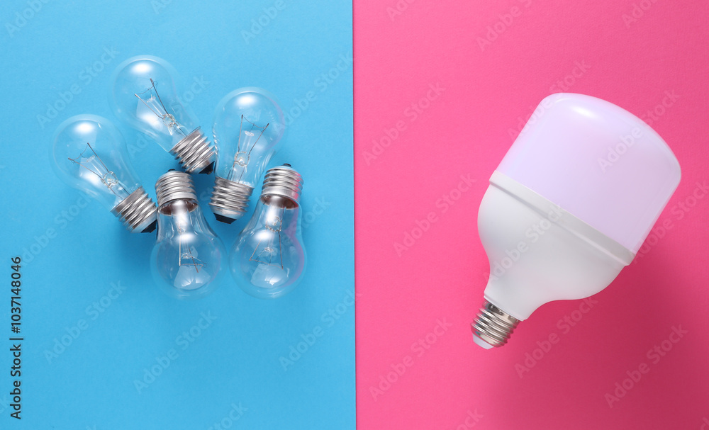 LED and ncandescent light bulbs on pink blue background. Saving electricity LED and ncandescent light bulbs on pink blue background. Saving electricity