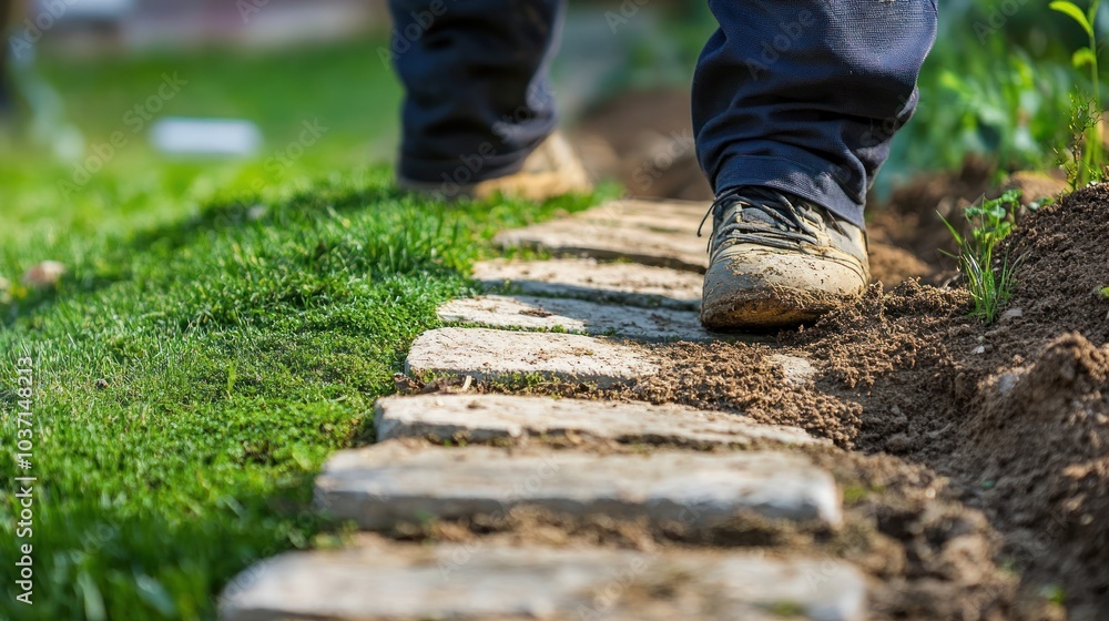 A person walking on a stone path through a grassy area, suggesting gardening or landscaping work. A person walking on a stone path through a grassy area, suggesting gardening or landscaping work.
