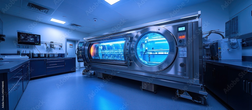 A high-tech medical chamber with blue lighting, used for patient treatment or research. A high-tech medical chamber with blue lighting, used for patient treatment or research.