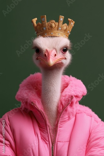 A regal ostrich with a crown and a pink jacket stares directly at the camera against a green background. photo