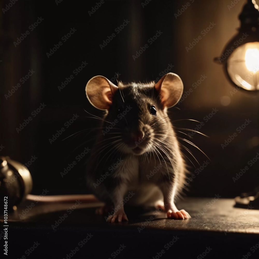 A small rat is navigating a shadowy space illuminated by a flickering lamp. Whiskers twitch as it investigates the surroundings in the late hours. Scary vampire or Halloween atmosphere. Generative AI A small rat is navigating a shadowy space illuminated by a flickering lamp. Whiskers twitch as it investigates the surroundings in the late hours. Scary vampire or Halloween atmosphere. Generative AI