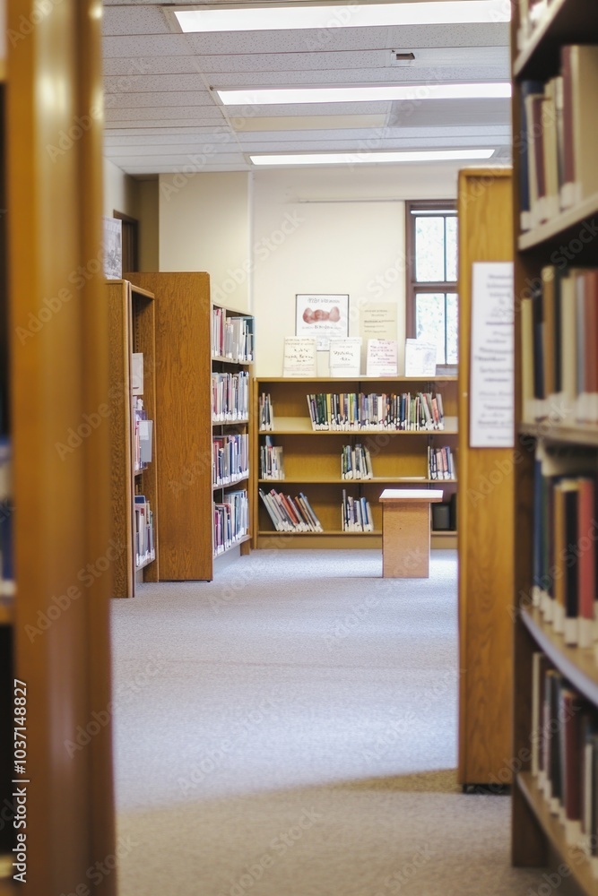 A quiet library interior with wooden shelves and a central table for reading or studying. A quiet library interior with wooden shelves and a central table for reading or studying.