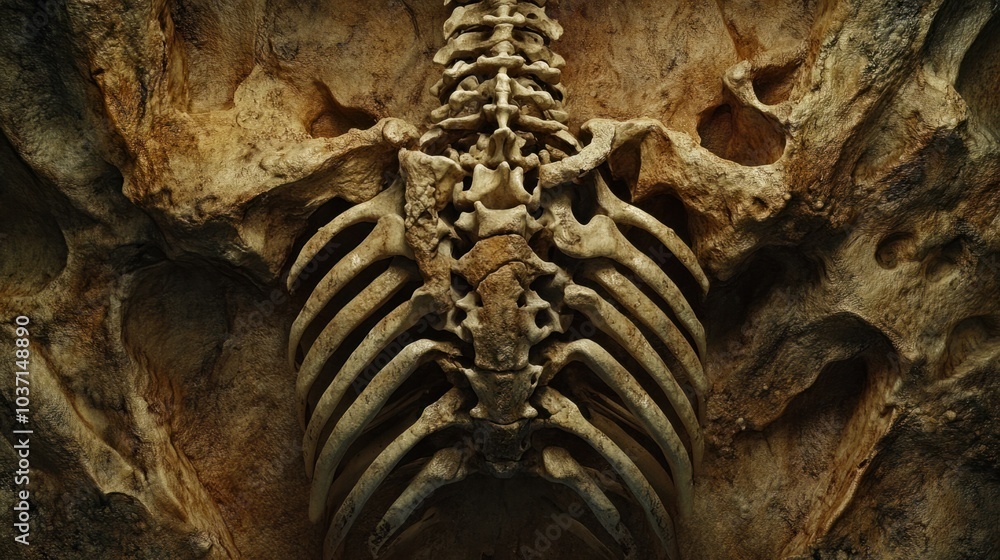 Naklejka premium A view of a T. rex's ribcage and thorax, illustrating its protective bone structure.