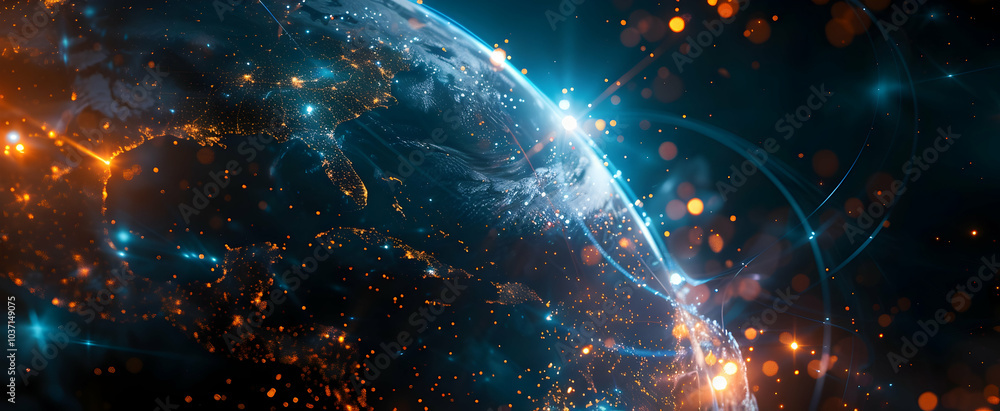 Obraz premium Abstract digital network with blue and orange light effects on a dark background, the planet Earth, a global communication concept